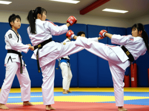 Taekwondo am Kämpfen mit Handschützern