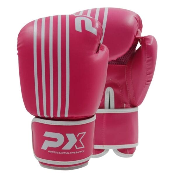 Ein Paar rosa Boxhandschuhe auf weißem Hintergrund.