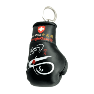 Der Mini Boxhandschuh Dragon Kalligraphie ist ein kleiner Boxhandschuh mit einem chinesischen Drachen aufgedruckt und dem Energieoase Chin Woo Logo
