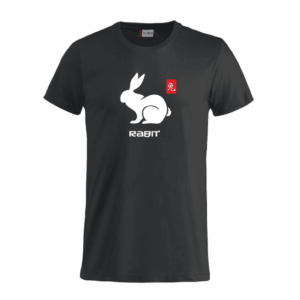 Ein schwarzes T-Shirt mit dem Wort Kaninchen darauf.