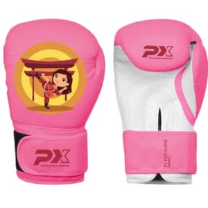 Ein rosa Boxhandschuh mit einer Zeichentrickfigur darauf.