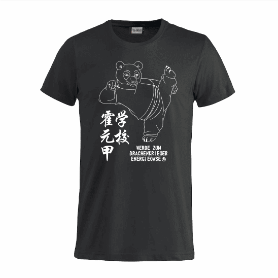 Ein schwarzes T-Shirt mit dem Bild eines Pandas und chinesischer Schrift.