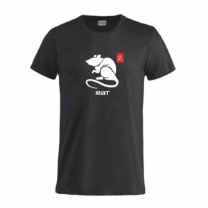 Chinesisches Sternzeichen Ratte T-Shirt ist ein schwarzes T-Shirt mit einer weißen Ratte darauf.