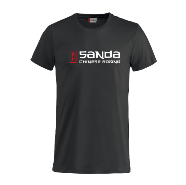 Ein schwarzes T-Shirt mit dem Wort Sanda darauf.