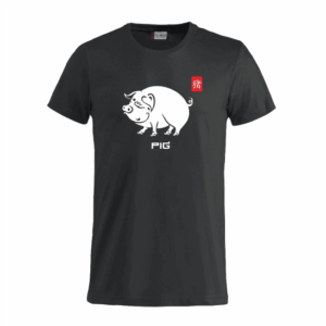 Ein schwarzes T-Shirt mit einem Schwein darauf.