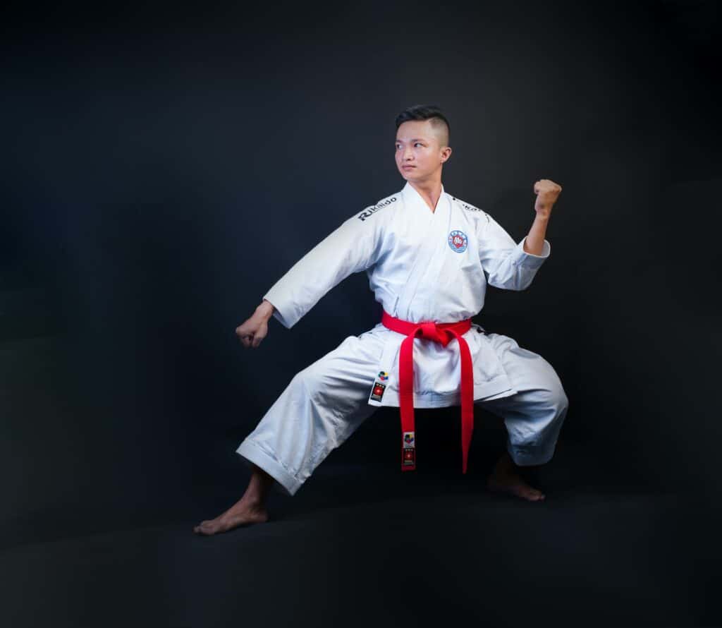 Karatestellung in der Hoke mit Block