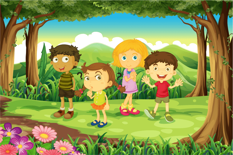 Kinder Waldtag. Auf dem Bild sind vier Kinder, gezeichnet zu sehen. Sie stehen im Wald und suchen etwas.