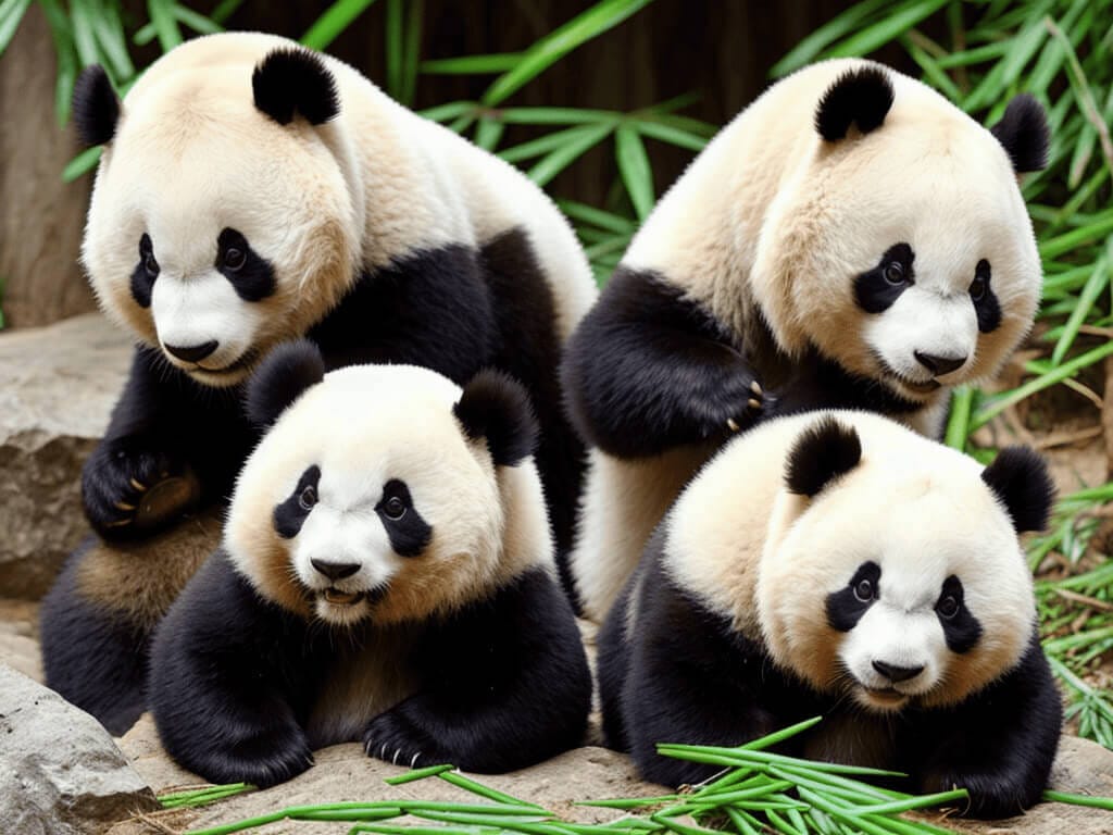4 Panda im Wald als Symbol für den Satz : Sind wir zu Faul für Kung Fu zu machen